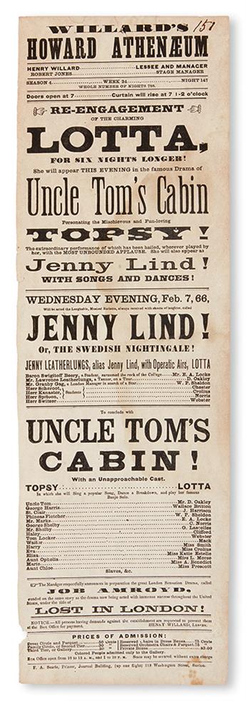 (MUSIC--THEATRE.) STOWE, HARRIET BEECHER. Uncle Toms Cabin. . .Topsy played by Lotta Crabtree.